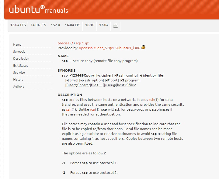 Información del comando SCP en la web de Ubuntu